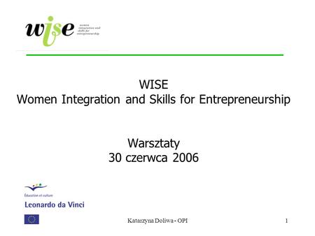 WISE Women Integration and Skills for Entrepreneurship Warsztaty 30 czerwca 2006 Katarzyna Doliwa - OPI.
