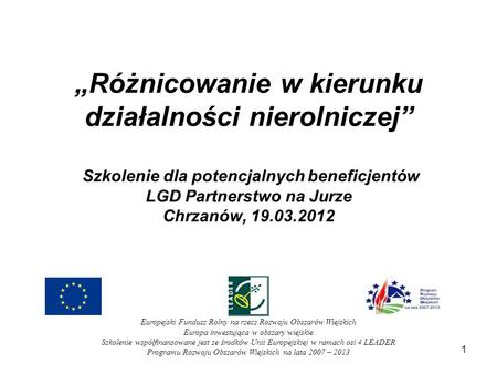 1 Różnicowanie w kierunku działalności nierolniczej Szkolenie dla potencjalnych beneficjentów LGD Partnerstwo na Jurze Chrzanów, 19.03.2012 Europejski.