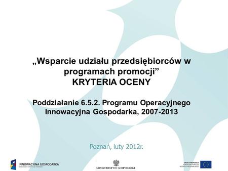 Wsparcie udziału przedsiębiorców w programach promocji KRYTERIA OCENY Poddziałanie 6.5.2. Programu Operacyjnego Innowacyjna Gospodarka, 2007-2013 Poznań,