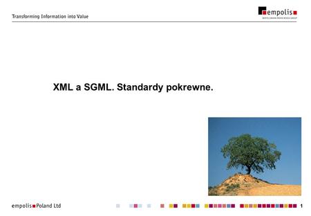11 XML a SGML. Standardy pokrewne.. 22 SGML a XML – różnice Deklaracja SGML: konfiguracja wyglądu znaczników, ich maksymalnej długości, itp., definicja.