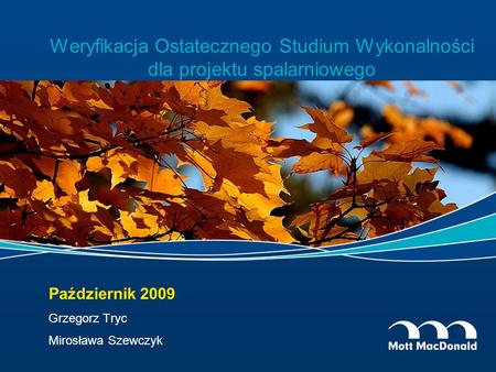 Weryfikacja Ostatecznego Studium Wykonalności dla projektu spalarniowego Październik 2009 Grzegorz Tryc Mirosława Szewczyk.