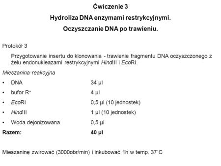 Hydroliza DNA enzymami restrykcyjnymi. Oczyszczanie DNA po trawieniu.