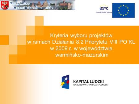Kryteria wyboru projektów w ramach Działania 8.2 Priorytetu VIII PO KL w 2009 r. w województwie warmińsko-mazurskim.