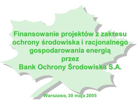 Finansowanie projektów z zakresu ochrony środowiska i racjonalnego gospodarowania energią przez Bank Ochrony Środowiska S.A. Warszawa, 30 maja 2005.