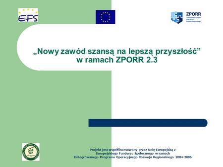 Nowy zawód szansą na lepszą przyszłość w ramach ZPORR 2.3 Projekt jest współfinansowany przez Unię Europejską z Europejskiego Funduszu Społecznego w ramach.