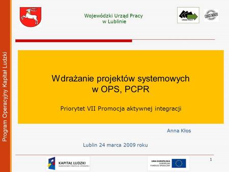 Wojewódzki Urząd Pracy w Lublinie w Lublinie Wdrażanie projektów systemowych w OPS, PCPR Priorytet VII Promocja aktywnej integracji Program Operacyjny.