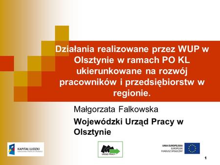 1 Działania realizowane przez WUP w Olsztynie w ramach PO KL ukierunkowane na rozwój pracowników i przedsiębiorstw w regionie. Małgorzata Falkowska Wojewódzki.
