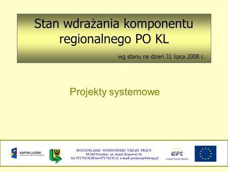 Stan wdrażania komponentu regionalnego PO KL wg stanu na dzień 31 lipca 2008 r. Projekty systemowe DOLNOŚLĄSKI WOJEWÓDZKI URZĄD PRACY 50-541 Wrocław, ul.