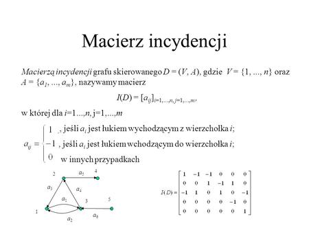 Macierz incydencji Macierzą incydencji grafu skierowanego D = (V, A), gdzie V = {1, ..., n} oraz A = {a1, ..., am}, nazywamy macierz I(D) = [aij]i=1,...,n,