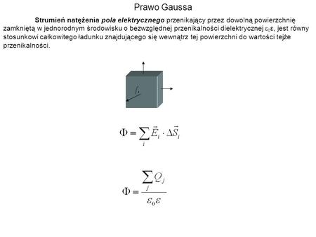 Prawo Gaussa Strumień natężenia pola elektrycznego przenikający przez dowolną powierzchnię zamkniętą w jednorodnym środowisku o bezwzględnej przenikalności.