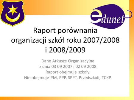 Raport porównania organizacji szkół roku 2007/2008 i 2008/2009 Dane Arkusze Organizacyjne z dnia 03 09 2007 i 02 09 2008 Raport obejmuje szkoły. Nie obejmuje.