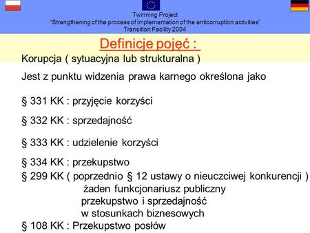 Twinning Project Strengthening of the process of implementation of the anticorruption activities Transition Facility 2004 Definicje pojęć : § 331 KK :
