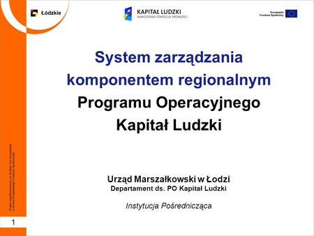 1 System zarządzania komponentem regionalnym Programu Operacyjnego Kapitał Ludzki Urząd Marszałkowski w Łodzi Departament ds. PO Kapitał Ludzki Instytucja.