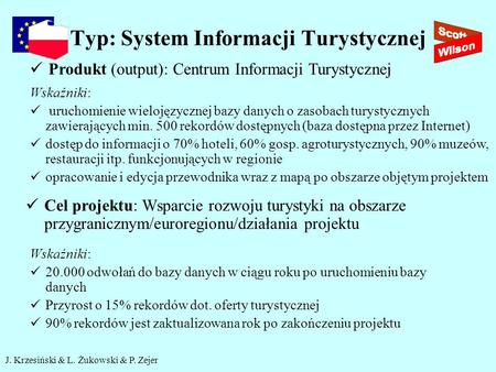 J. Krzesiński & L. Żukowski & P. Zejer Typ: System Informacji Turystycznej Produkt (output): Centrum Informacji Turystycznej Wskaźniki: uruchomienie wielojęzycznej.