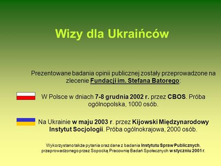 Wizy dla Ukraińców Prezentowane badania opinii publicznej zostały przeprowadzone na zlecenie Fundacji im. Stefana Batorego: W Polsce w dniach 7-8 grudnia.