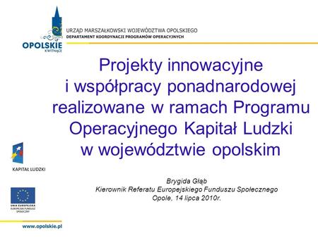 Projekty innowacyjne i współpracy ponadnarodowej realizowane w ramach Programu Operacyjnego Kapitał Ludzki w województwie opolskim Brygida Głąb Kierownik.