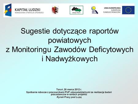 Sugestie dotyczące raportów powiatowych z Monitoringu Zawodów Deficytowych i Nadwyżkowych Toruń, 26 marca 2012 r. Spotkanie robocze z pracownikami PUP.