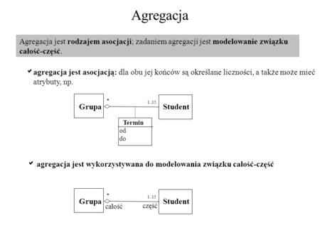 Agregacja Agregacja jest rodzajem asocjacji; zadaniem agregacji jest modelowanie związku całość-część. agregacja jest asocjacją: dla obu jej końców są.