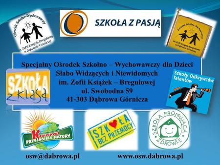 Osw@dabrowa.pl www.osw.dabrowa.pl Specjalny Ośrodek Szkolno – Wychowawczy dla Dzieci Słabo Widzących i Niewidomych im. Zofii Książek – Bregułowej ul.
