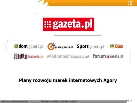 Warszawa, 9 października 2006Pion internet AGORA - spotkanie z mediami1 Plany rozwoju marek internetowych Agory.