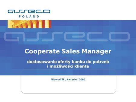 Cooperate Sales Manager dostosowanie oferty banku do potrzeb i możliwości klienta Niewodniki, kwiecień 2009.