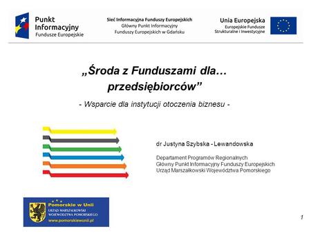 1 dr Justyna Szybska - Lewandowska Departament Programów Regionalnych Główny Punkt Informacyjny Funduszy Europejskich Urząd Marszałkowski Województwa Pomorskiego.