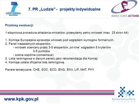 7. PR „Ludzie” - projekty indywidualne www.kpk.gov.pl Przebieg ewaluacji: 1-stopniowa procedura składania wniosków: przesyłamy pełny wniosek (max. 25 stron.