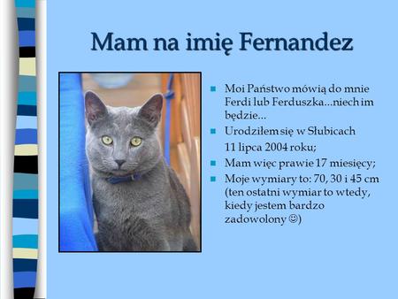 Mam na imię Fernandez Moi Państwo mówią do mnie Ferdi lub Ferduszka...niech im będzie... Urodziłem się w Słubicach 11 lipca 2004 roku; Mam więc prawie.