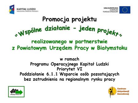 Realizowanego w partnerstwie z Powiatowym Urzędem Pracy w Białymstoku w ramach Programu Operacyjnego Kapitał Ludzki Priorytet VI Poddziałanie 6.1.1 Wsparcie.