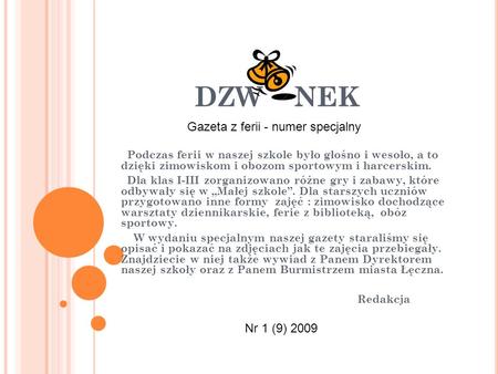 DZW NEK Gazeta z ferii - numer specjalny Nr 1 (9) 2009