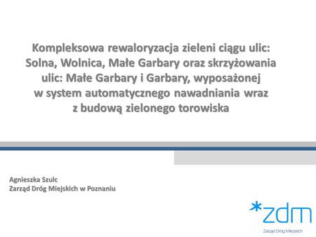 Kompleksowa rewaloryzacja zieleni ciągu ulic: Solna, Wolnica, Małe Garbary oraz skrzyżowania ulic: Małe Garbary i Garbary, wyposażonej w system automatycznego.