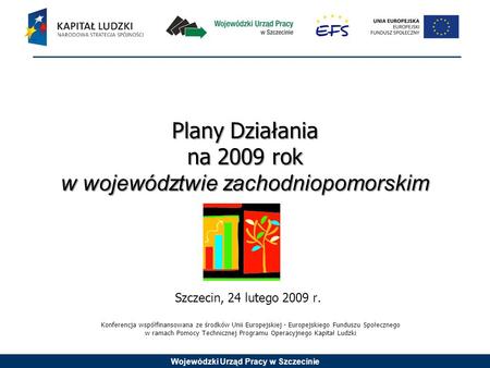 Wojewódzki Urząd Pracy w Szczecinie Plany Działania na 2009 rok w województwie zachodniopomorskim Szczecin, 24 lutego 2009 r. Konferencja współfinansowana.