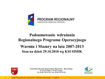 Podsumowanie wdrażania Regionalnego Programu Operacyjnego Warmia i Mazury na lata 2007-2013 Stan na dzień 29.10.2010 wg KSI SIMIK Urząd Marszałkowski Województwa.