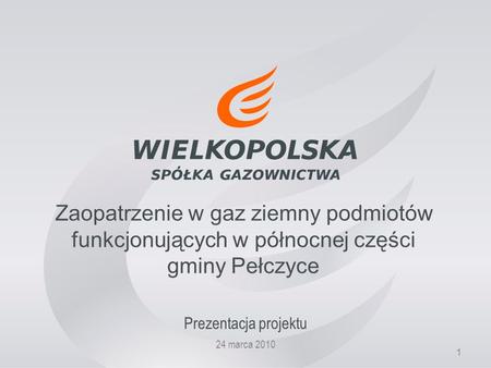 1 Zaopatrzenie w gaz ziemny podmiotów funkcjonujących w północnej części gminy Pełczyce Prezentacja projektu 24 marca 2010.