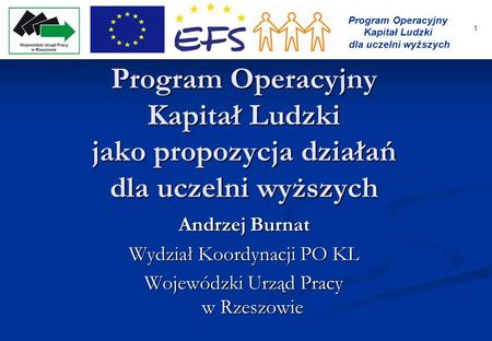1 Program Operacyjny Kapitał Ludzki dla uczelni wyższych Program Operacyjny Kapitał Ludzki jako propozycja działań dla uczelni wyższych Andrzej Burnat.
