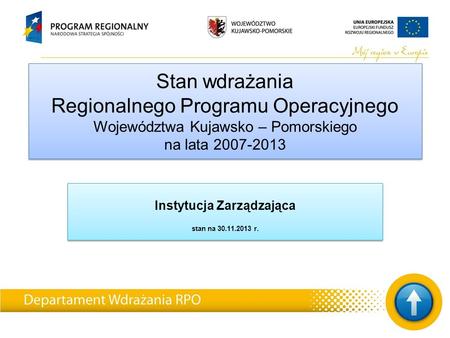 Stan wdrażania Regionalnego Programu Operacyjnego Województwa Kujawsko – Pomorskiego na lata 2007-2013 Instytucja Zarządzająca stan na 30.11.2013 r. Instytucja.
