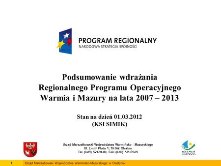 Podsumowanie wdrażania Regionalnego Programu Operacyjnego Warmia i Mazury na lata 2007 – 2013 Stan na dzień 01.03.2012 (KSI SIMIK) Urząd Marszałkowski.