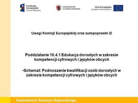 Departament Rozwoju Regionalnego Uwagi Komisji Europejskiej oraz autopoprawki IZ Poddziałanie 10.4.1 Edukacja dorosłych w zakresie kompetencji cyfrowych.