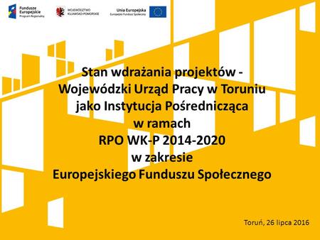 Stan wdrażania projektów - Wojewódzki Urząd Pracy w Toruniu jako Instytucja Pośrednicząca w ramach RPO WK-P 2014-2020 w zakresie Europejskiego Funduszu.