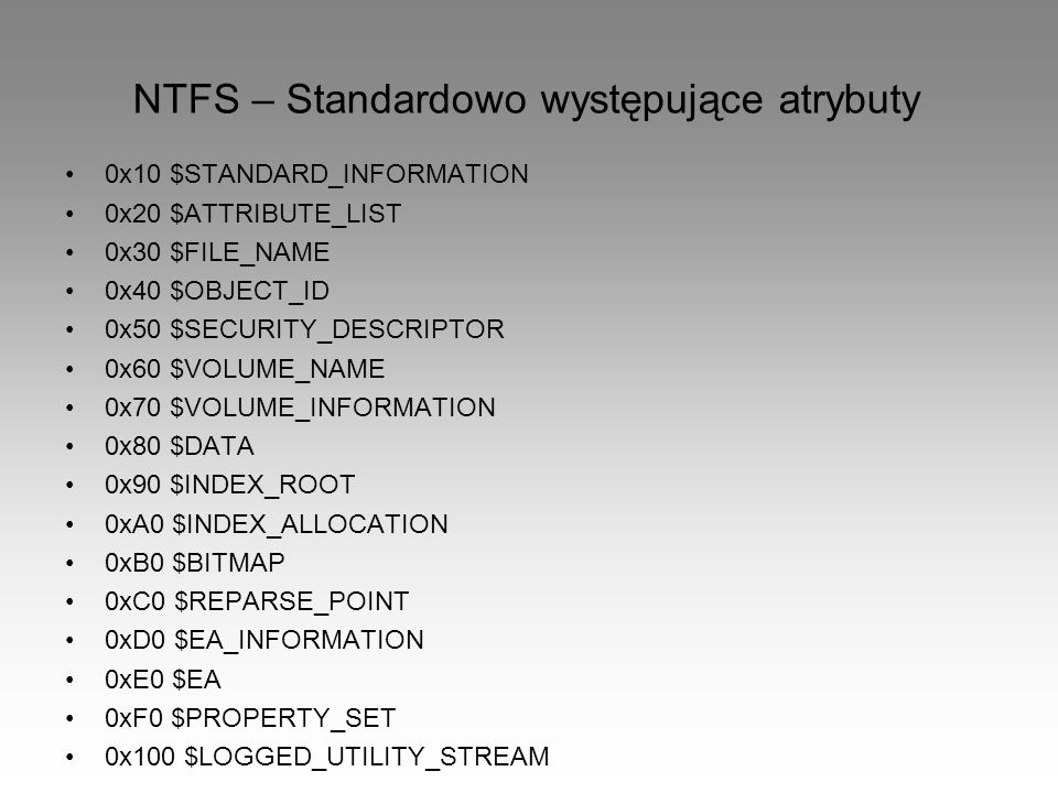 NTFS – Standardowo występujące atrybuty