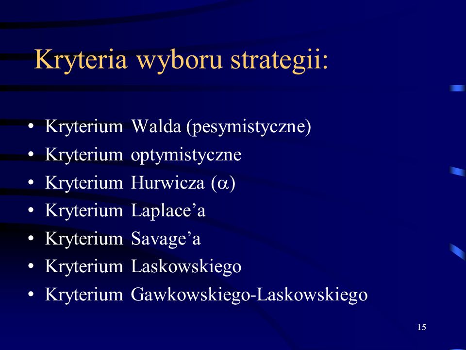 Kryteria wyboru strategii: