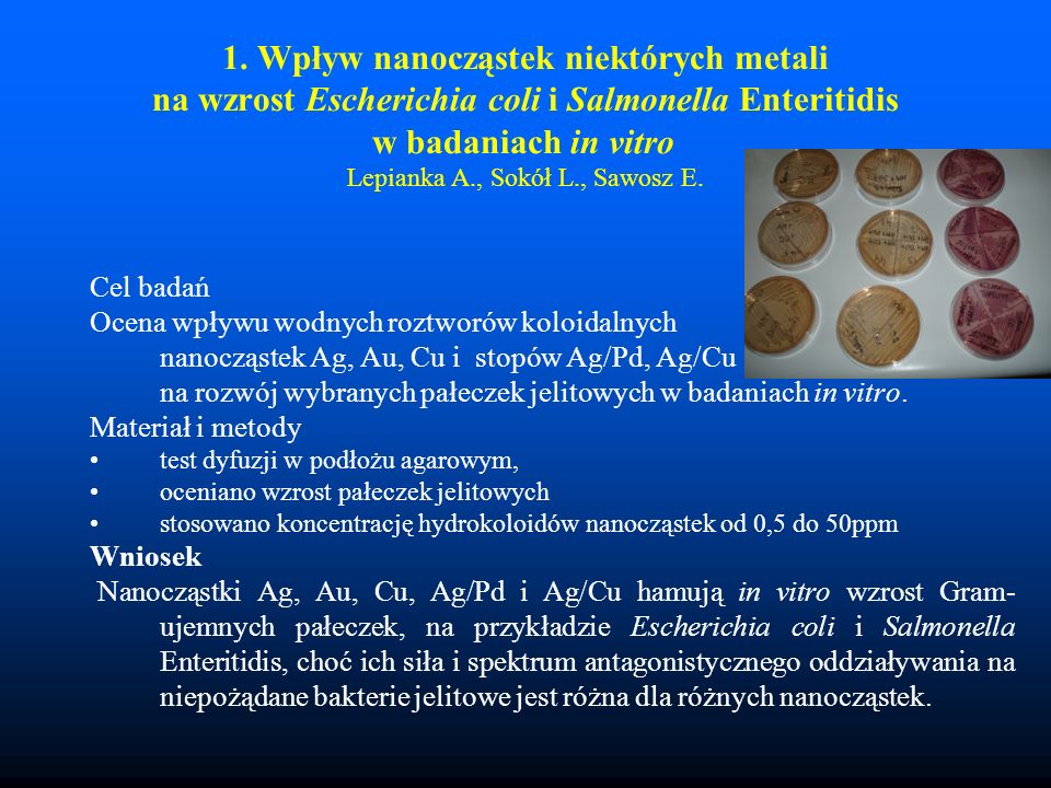 1. Wpływ nanocząstek niektórych metali na wzrost Escherichia coli i Salmonella Enteritidis w badaniach in vitro Lepianka A., Sokół L., Sawosz E.