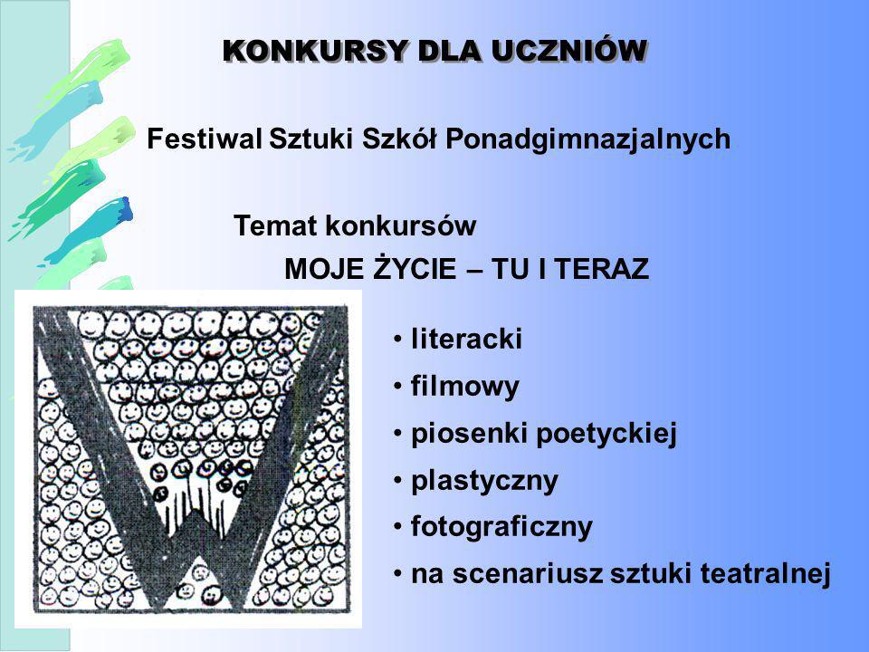 KONKURSY DLA UCZNIÓW Festiwal Sztuki Szkół Ponadgimnazjalnych. Temat konkursów. MOJE ŻYCIE – TU I TERAZ.