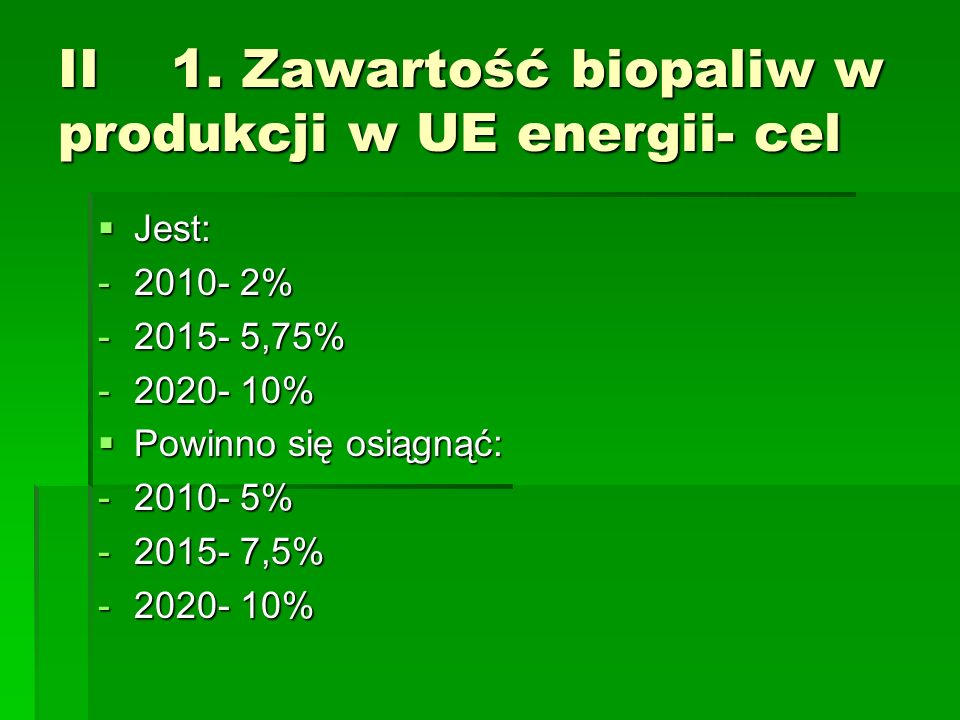 II 1. Zawartość biopaliw w produkcji w UE energii- cel