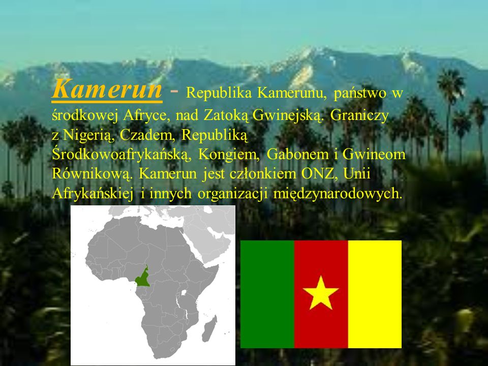 Kamerun - Republika Kamerunu, państwo w środkowej Afryce, nad Zatoką Gwinejską.