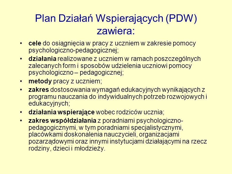 Plan Działań Wspierających (PDW) zawiera: