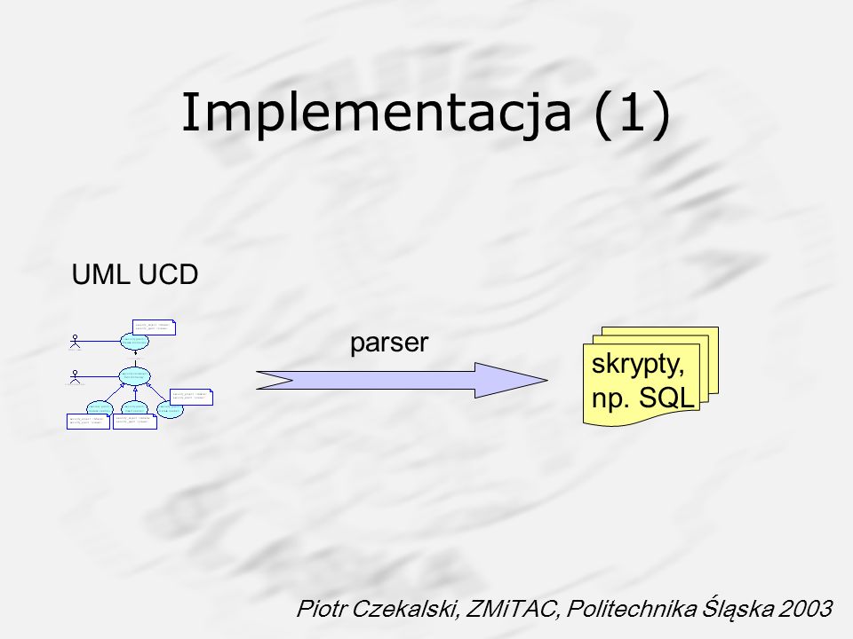 Implementacja (1) UML UCD parser skrypty, np. SQL