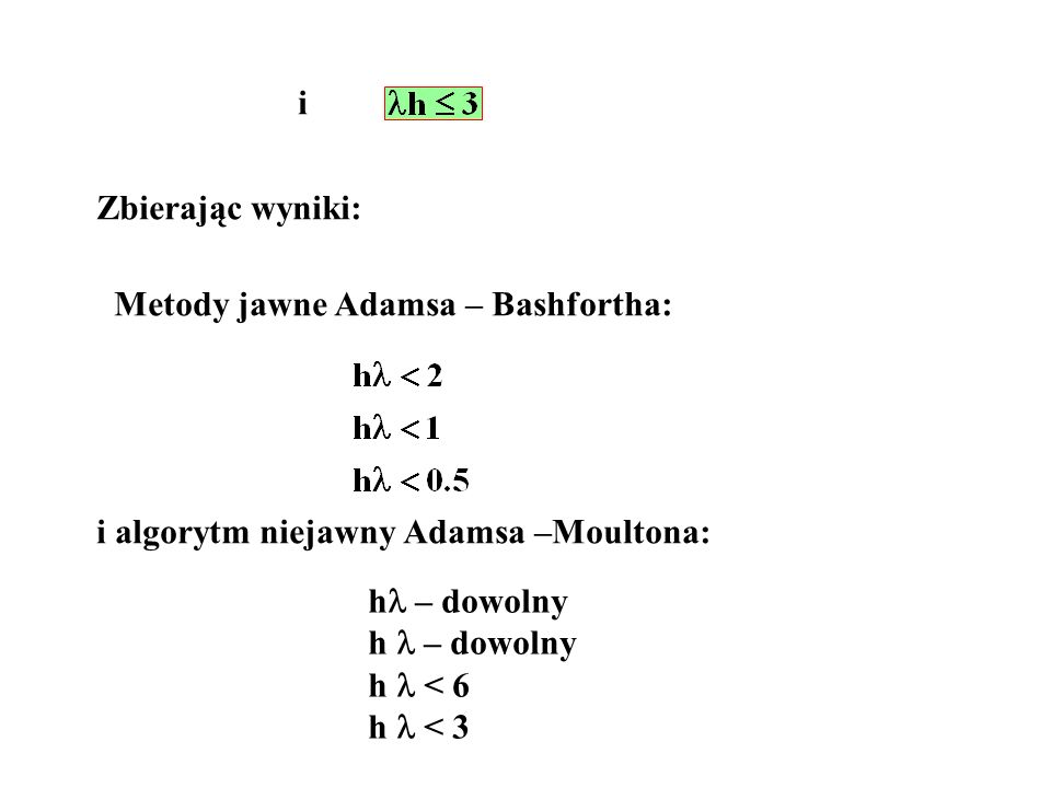 i Zbierając wyniki: Metody jawne Adamsa – Bashfortha: i algorytm niejawny Adamsa –Moultona: h – dowolny.