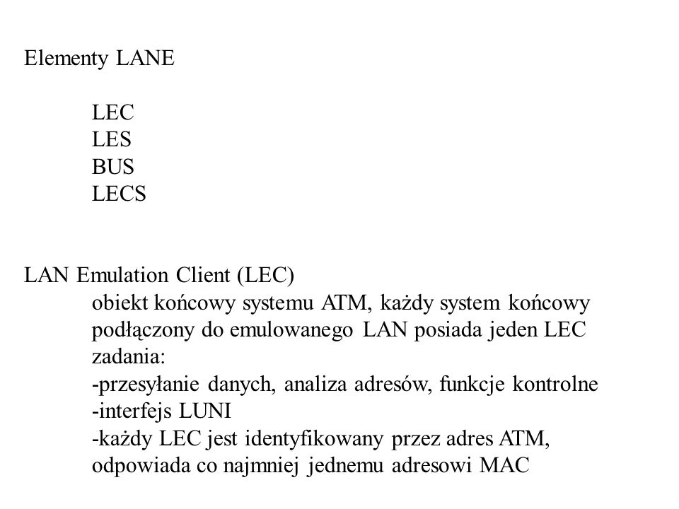 Elementy LANE LEC. LES. BUS. LECS. LAN Emulation Client (LEC)