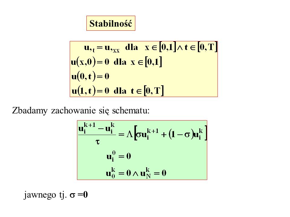 Stabilność Zbadamy zachowanie się schematu: jawnego tj.  =0